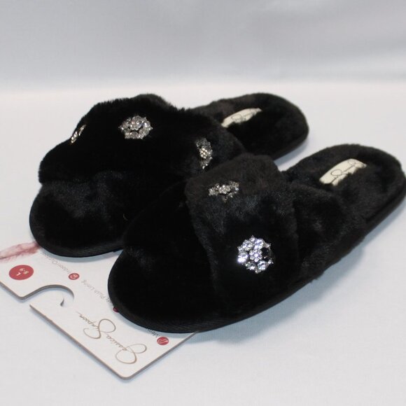 NWT Jessica Simpson Black Fur and Rhinestone Memory Foam Slippers - Picture 1 of 12